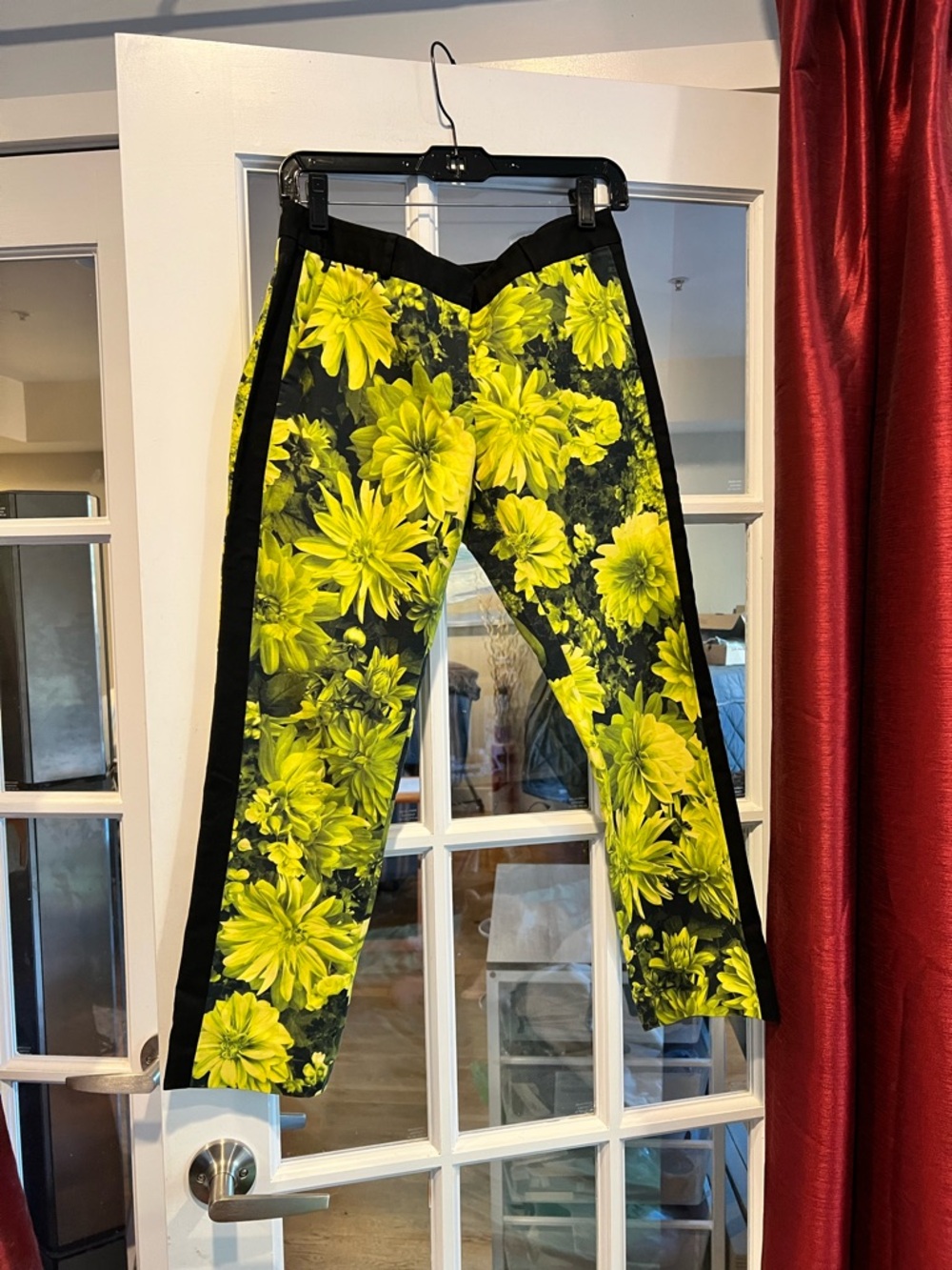 Michael Kors Yellow Floral Track Pants with Black Side Stripes